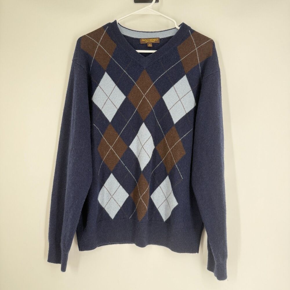 Paolo Mondo Sweater 100% Cashmere Argyle Blue Preppy Office Luxury Mens Size M